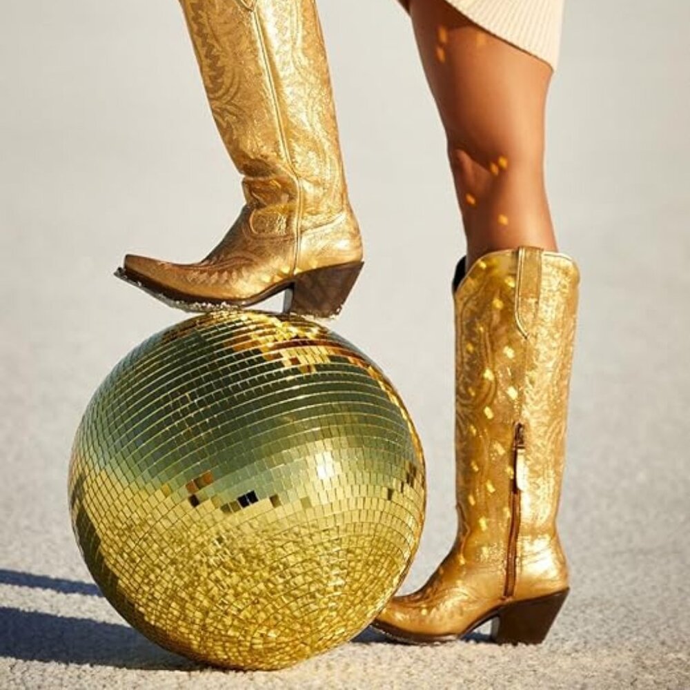 Metallic Gold Western Knee-High Heeled Boots